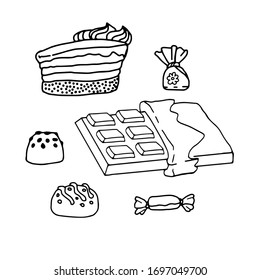 Vector doodle chocolate, candy and piece of cake,  cartoon hand drawn sweets for design.