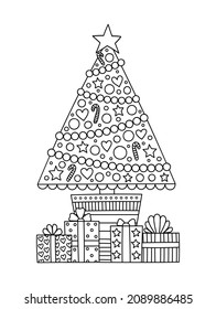 Vector doodle Chrismas tree and gift boxes. Hand drawn New Year illustration. Coloring page for coloring book. Winter holiday anti-stress coloring for adult and children. Outline illustration.