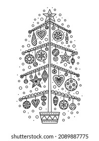 Vector doodle Chrismas tree. Hand drawn New Year illustration. Coloring page for coloring book. Winter holiday anti-stress coloring for adult and children. Outline illustration.