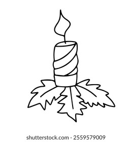 Vector. Doodle Christmas candle, Drawing of a twisted lit candle in a candlestick. Design element