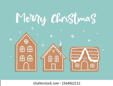 Vector doodle Christmas card with gingerbread houses on blue background