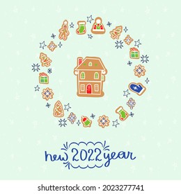Vektor-Doodle Weihnachtskarte mit Lebkuchenhäusern auf lustigem Hintergrund. dekorative Weihnachts- und Neujahrskarten oder Postkartenvorlagen mit süßen, leckeren Lebkuchenhäusern und Urlaubswünsche. 