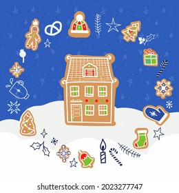 Tarjeta navideña de doodle vectorial con casas de pan de jengibre de fondo divertido. tarjetas de felicitación decorativas de Navidad y Año Nuevo o postales con deliciosas casas de jengibre y deseos de vacaciones. 