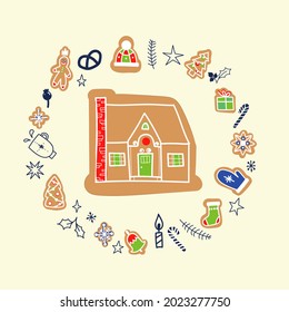 Vector doodle Christmas card with gingerbread houses on funny background. decorative Christmas and New Year greeting card or postcard templates with sweet tasty gingerbread houses and holiday wishes. 