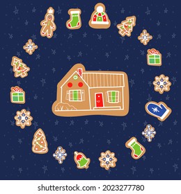 Vector doodle Christmas card with gingerbread houses on funny background. decorative Christmas and New Year greeting card or postcard templates with sweet tasty gingerbread houses and holiday wishes. 