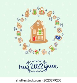 Vector doodle Christmas card with gingerbread houses and lettering. decorative Christmas and New Year greeting card or postcard templates with sweet tasty gingerbread houses and holiday wishes. 