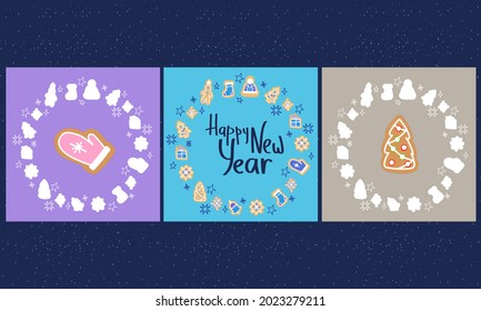 Vector doodle Christmas card with gingerbread houses and lettering. decorative Christmas and New Year greeting card or postcard templates with sweet tasty gingerbread houses and holiday wishes. 