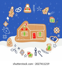 Vector doodle Christmas card with gingerbread houses on a funny background. decorative Christmas and New Year greeting card or postcard templates with sweet tasty gingerbread houses and holiday wishes