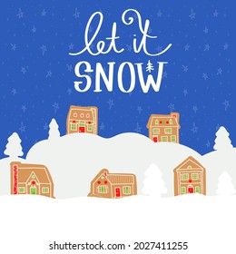 Vector doodle Christmas card with gingerbread houses on a funny background. decorative Christmas and New Year greeting card or postcard templates with sweet tasty gingerbread houses and holiday wishes