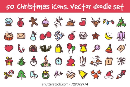 Vector doodle christmas icons set. Stock cartoon signs for design.