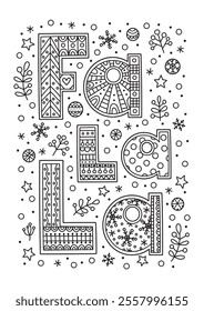 Vector doodle Christmas illustration for coloring. Hand drawn antistress coloring page with winter elements.