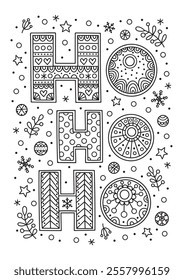 Vector doodle Christmas illustration for coloring. Hand drawn antistress coloring page with winter elements.