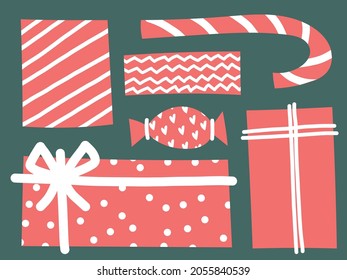 Vector doodle christmas set with present gift boxes. Cartoon childish set with candy, lollipop.