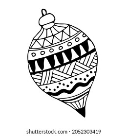 Weihnachtsbaumdekoration mit Vektordoodle. Schwarz-Weiß-Symbol. Neujahr, Vektorgrafik. Winterfeiern.