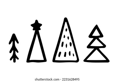 Vector doodle Christmas tree illustration. Hand-drawn fir tree isolated on white background. Outline Scandinavian forest. Decorative set. Happy New Year, Merry Christmas holiday celebration symbol