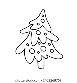 Vector doodle Christmas tree. New Year's decorated tree. Coloring book for childre