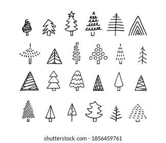 Vector doodle Christmas tree set. Hand-drawn fir-trees isolated on white background. Outline Scandinavian tree as symbol of Happy New Year, Merry Christmas holiday celebration. Festive cute collection