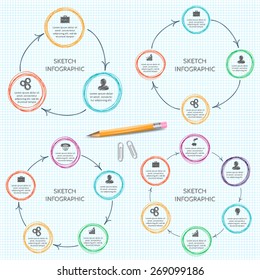 Vector doodle circle elements with arrows for infographic. Template for cycling diagram, graph, presentation and round chart. Business concept with 3, 4, 5, 6 options, parts, steps or processes