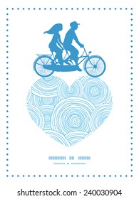 Vector doodle circle water texture couple on tandem bicycle heart silhouette frame pattern greeting card template
