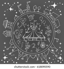 Vector doodle. Circus show. Clowns, mages, acrobats. Trained animals in the arena of the circus. Elephants, monkeys and bear. Feywerk in the night sky. Vector illustration.