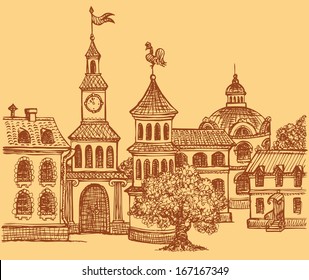 Vector doodle cityscape. Panorama fabulous old town square with towers and town hall 