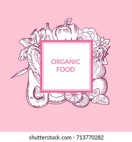Vector doodle cketched fruits and vegetables vegan, healthy food emblem isolated on colored background. Organic food badge illustration