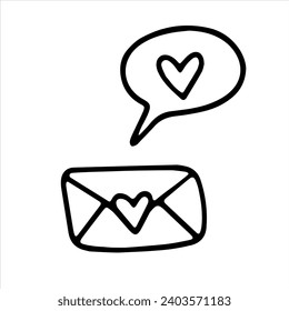 Vector doodle closed envelope with a heart in a bubble. Line drawing for card, Valentine's day, birthday, wedding