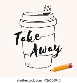 Vector doodle coffee cup with yellow pencil, hand drawn elements