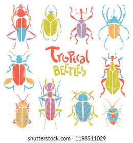 Vector doodle collection of big decorative tropic bugs. Bright beetles, trendy illustration. Scandinavian style.