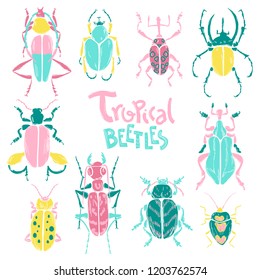 Vector doodle collection of big decorative tropic bugs. Bright beetles, trendy illustration. Scandinavian style.