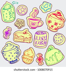 Vector doodle collection of coffee cups, mugs, tea cup, cocoa with whipped cream, cookies and candies, in colorful line art