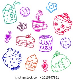 Vector doodle collection of coffee cups, mugs, tea cup, cocoa with whipped cream, cookies and candies colorful lines