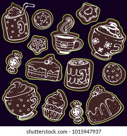 Vector doodle collection of coffee cups, mugs, tea cup, cocoa with whipped cream, cookies and candies, inverted colors