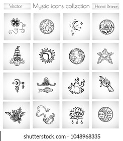 Vector doodle collection with spiritual, religious and esoteric icons and symbols for cards, banners, badge, logo, web design. Hand drawn graphic illustrations in vintage sketchy style