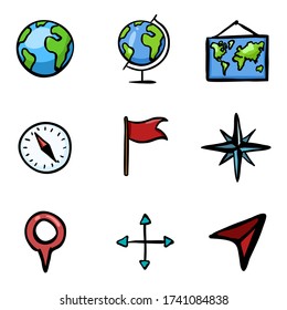 Vector Doodle Color Geography Icons Set
