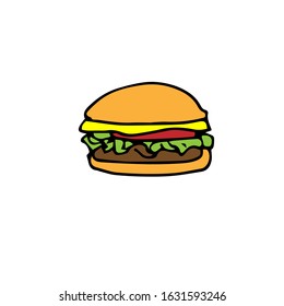 Vector doodle color illustration of a cheeseburger with tomato and lettuce