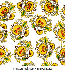 Vector doodle color seamless illustration with russian traditional decoration hohloma.