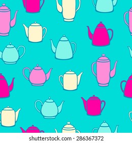Vector doodle color teapot seamless pattern, on mint background. Green. yellow, pink and mint colors.  - Shutterstock ID 286367372