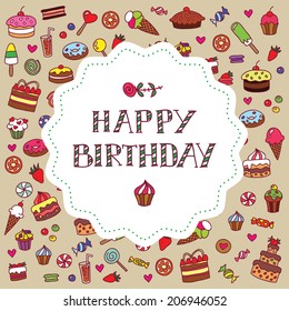 Vector doodle colorful birthday card with sweets.