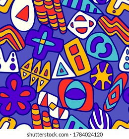 vector doodle colorful freeform and geometric seamless pattern on blue
