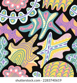 vector doodle colorful freeform seamless pattern on black