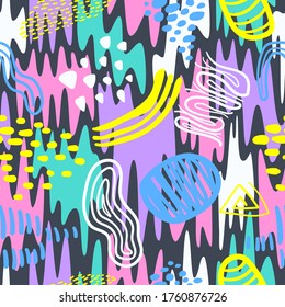 vector doodle colorful freeform shape and lines overlap seamless pattern on dark grey
