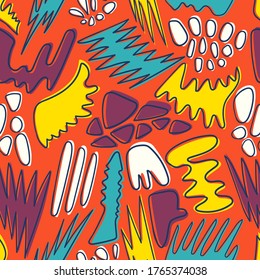 vector doodle colorful freeform shape and lines overlap seamless pattern on orange