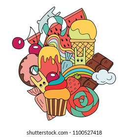 Vector doodle colorful illustration. Sweets in cartoon style with ice cream, cupcake and cute rabbits. Food pattern for creative design.