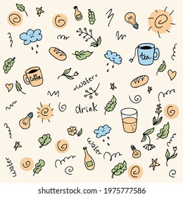 Vector doodle colorful pattern of drink more water summer theme. Cartoon style. Hand drawn vector illustration. Design for T-shirt, textile and prints.
