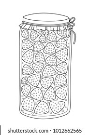 Vector doodle coloring book page jar of strawberry jam. Anti-stress for adults and children