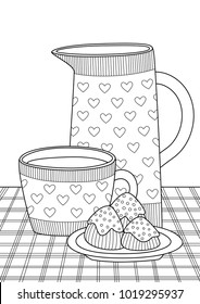 Vector doodle coloring book page cup, teapot and saucer with sweets. Anti-stress for adults and children