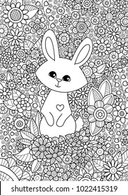 Vector doodle coloring book page cute bunny in flowers. Anti-stress for adults and children