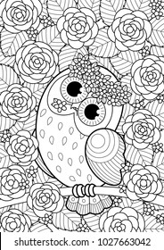 Vector doodle coloring book page cute owl in roses and small flowers. Anti-stress for adults and children