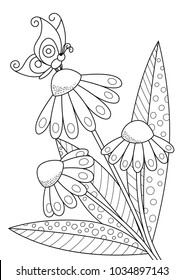 Vector doodle coloring book page buttrefly on flowers. For adult and children
